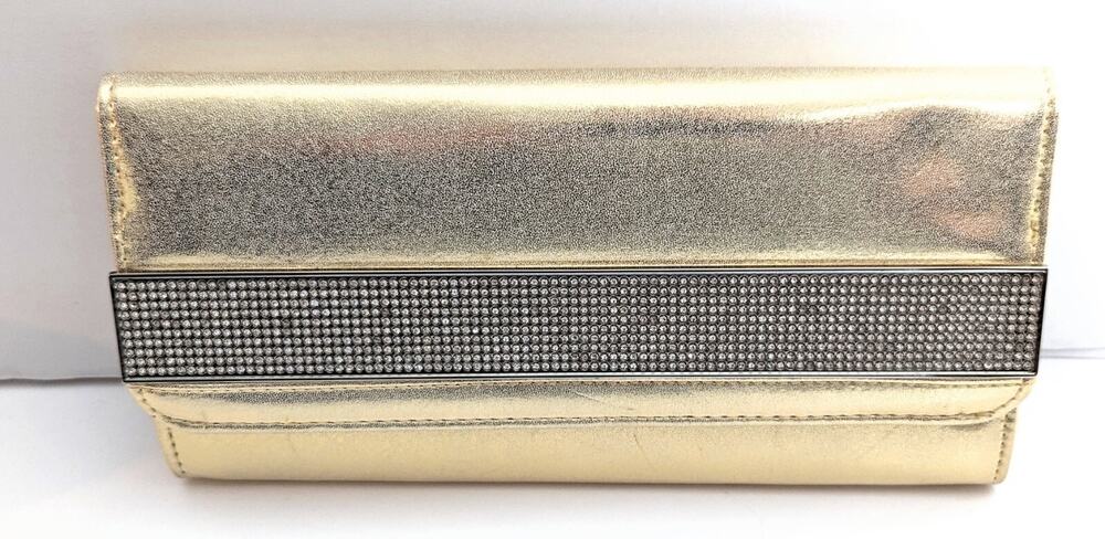 Kate Landry Gold Metallic w/ Crystals Clutch Evening Bag Purse w/ Chain Strap
